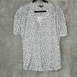 Alfani XL Top Shirt White Black Floral Flower V Neck Short Sleeve Womens